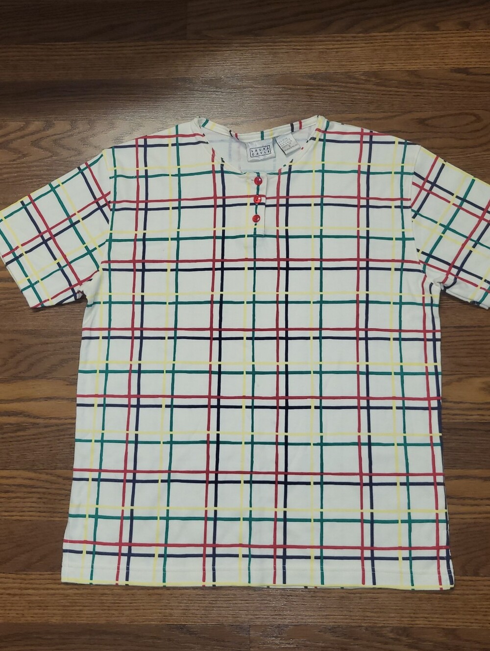 Womens Vintage 90's Retro LAURA GAYLE Colorful PLAID Button-up T-Shirt Top SMALL